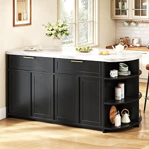 HSH 63 Inch Large Kitchen Island with Storage and Seating, White Faux Marble