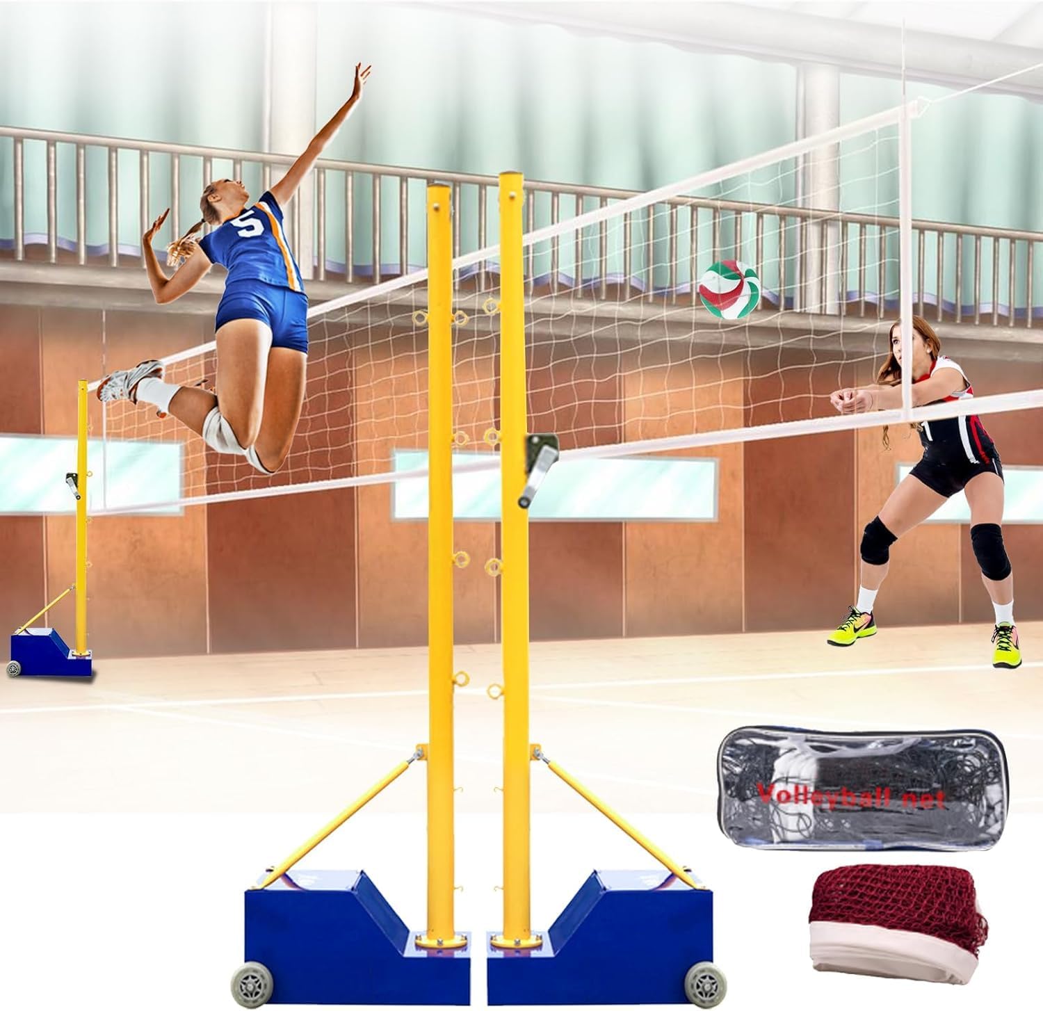 Adjustable Height Volleyball/Badminton Net System for Backyard, Featuring Wheeled Portable Poles, Heavy Duty Outdoor Setup Ideal for Adults, Kids, Schools, and Garden Use