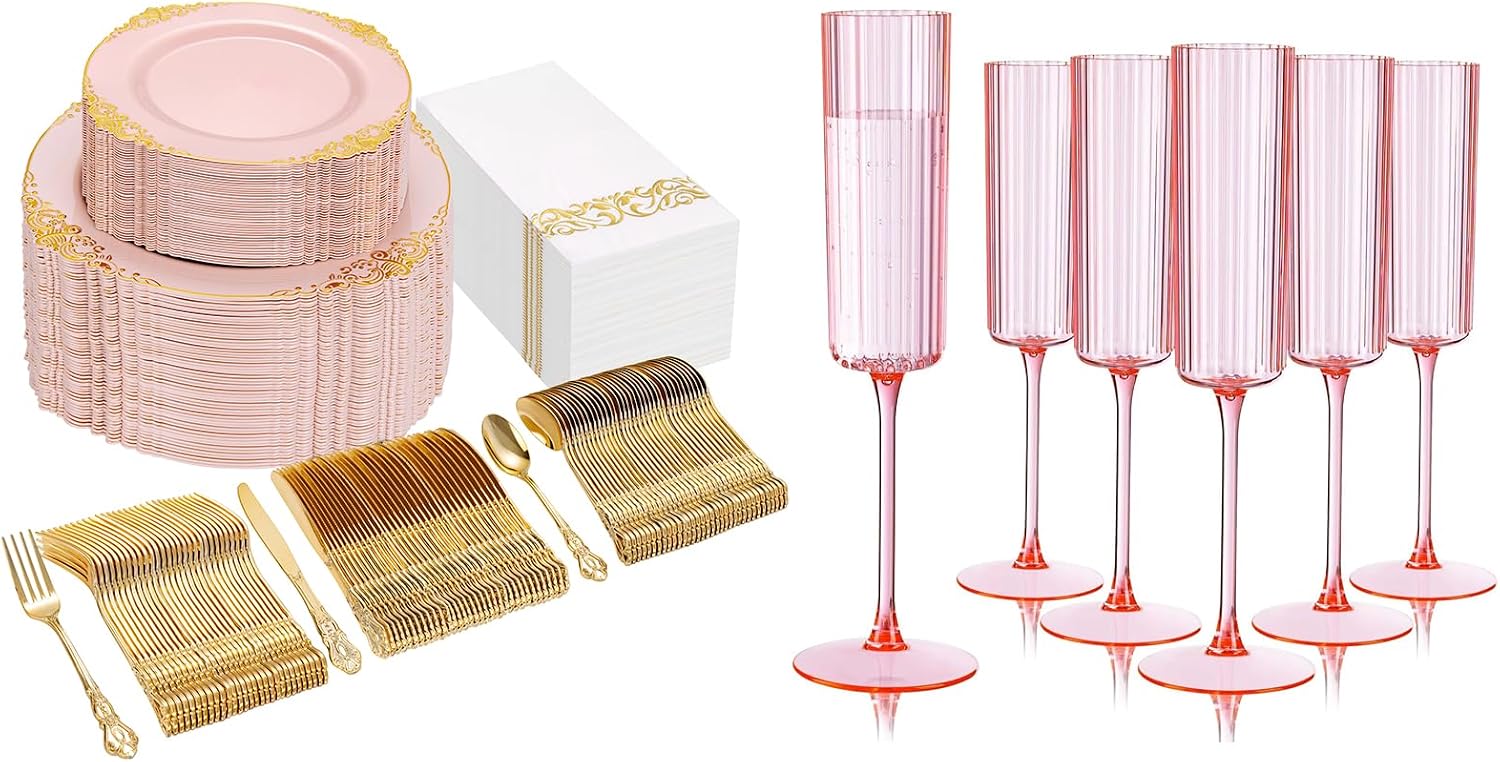 Ciaell 300PCS Pink and Gold Plastic Plates - 6oz Ribbed Disposable Champagne Glasses for Wedding, Anniversary, Party and Mother's Day