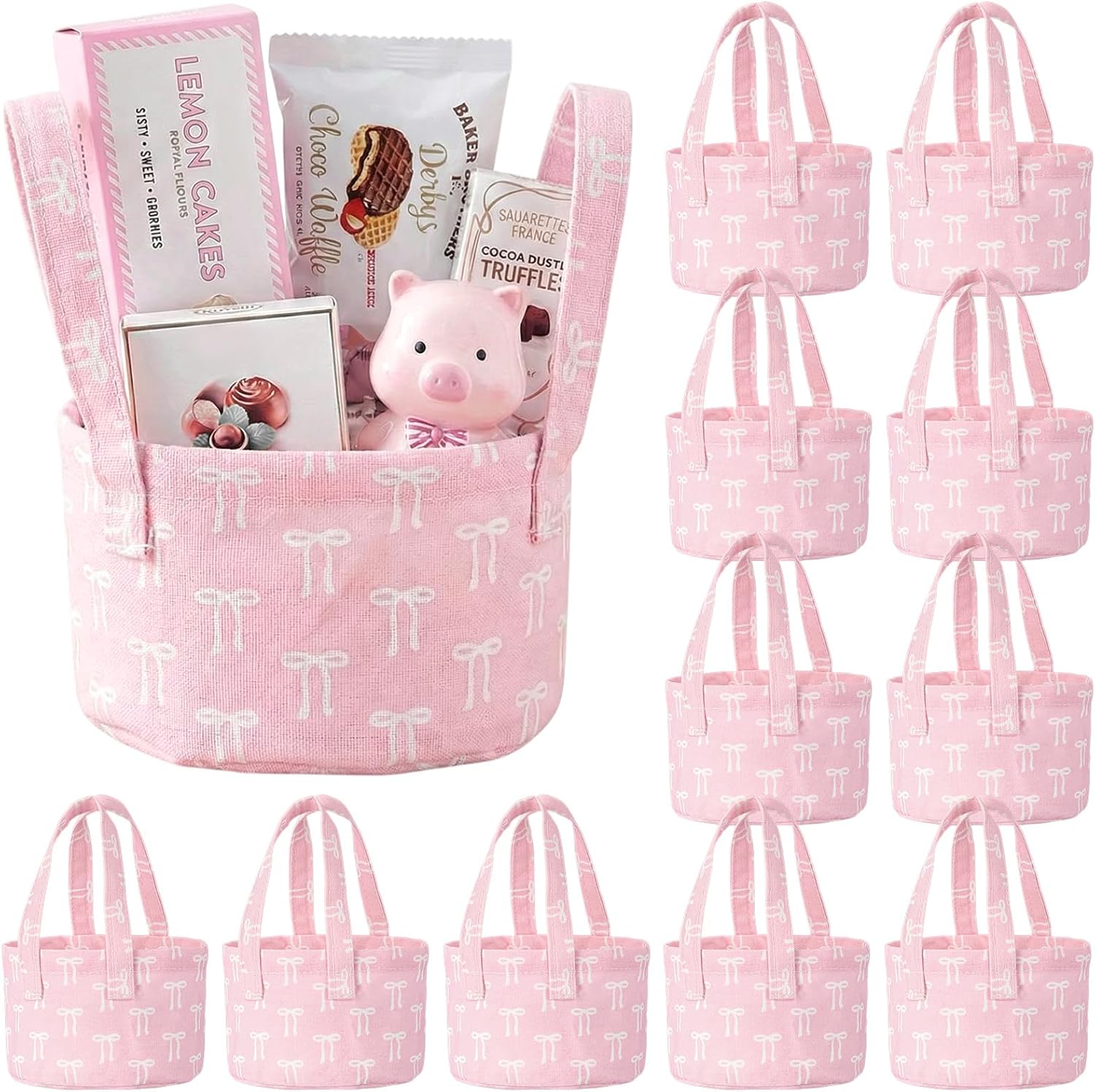 Zhehao 12 Pcs Small Pink Bow Basket for Gifts 4.7"x2.9" Baby Shower Candy Basket with Handle Fillable Pink Baby Shower Favors for Guests and Table Centerpieces Candy Party Supply