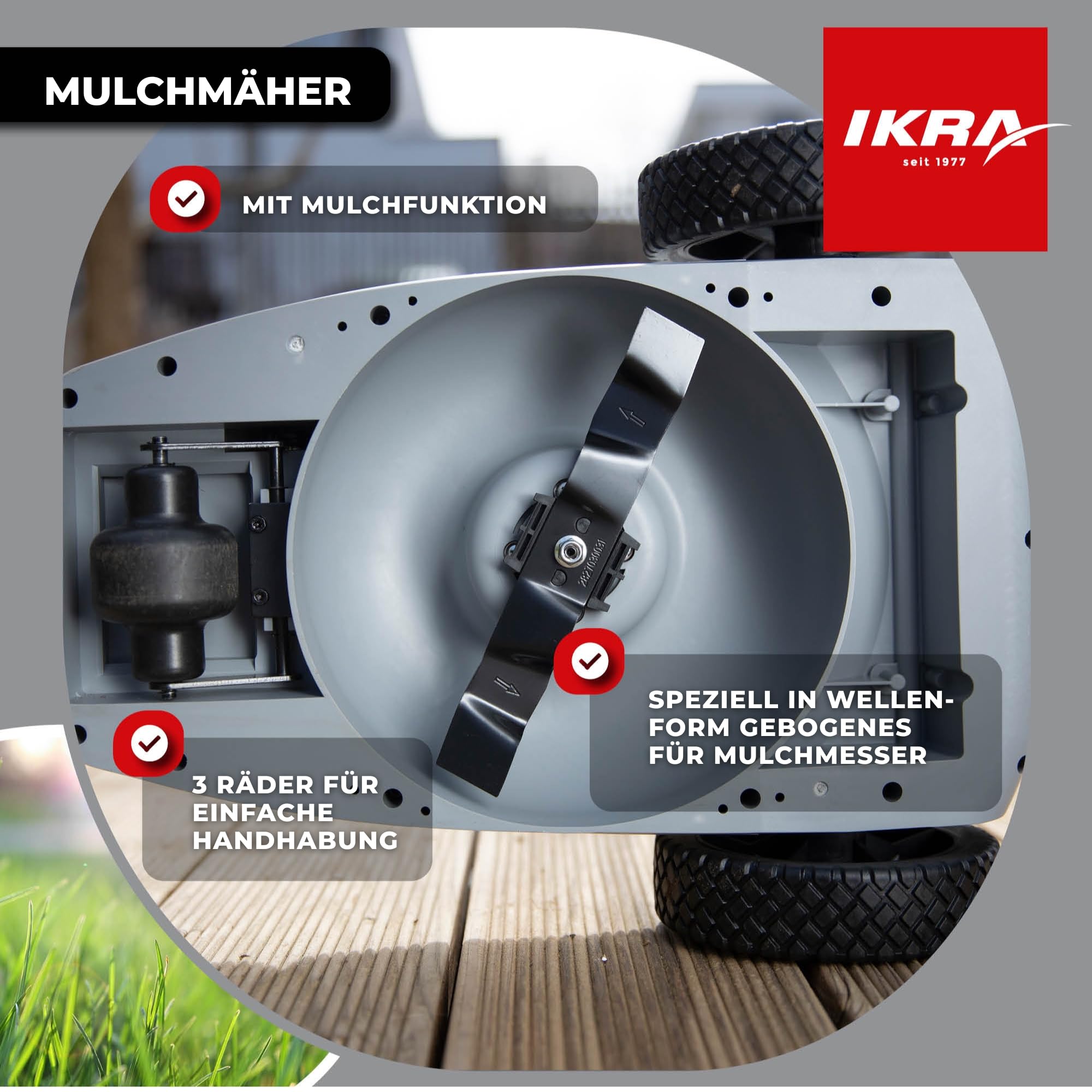 IKRA Akku Einhandmäher Rasenmäher ICHM 20, inkl. 20V Akku & Ladegerät | Mit Mulchfunktion, für kleine Rasenflächen bis 50m², Schnittbreite 21cm, Schnitthöhe 25-48mm, 20V-Akku-Familie von IKRA