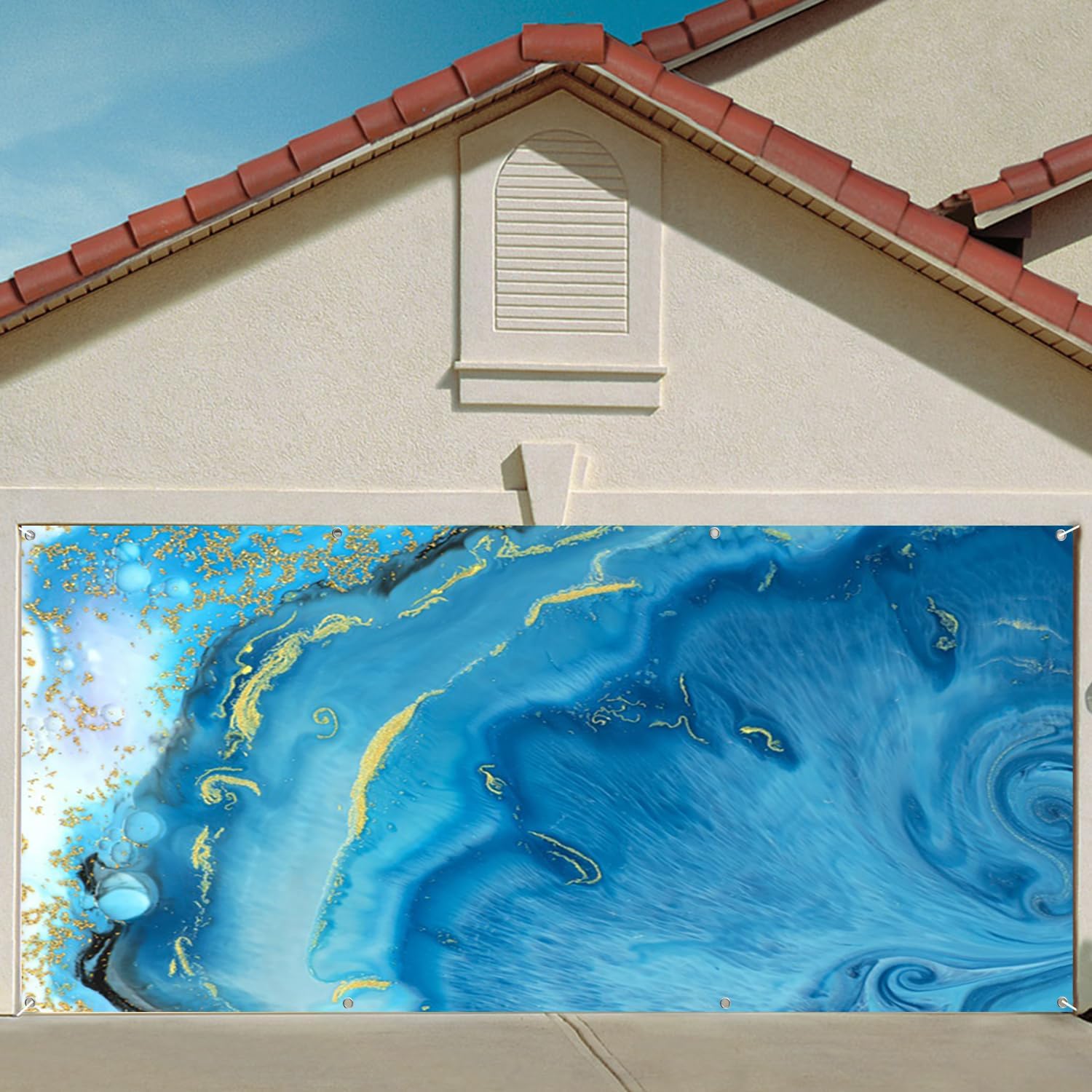 7x8ft Abstract Art Garage Door Decor Beautiful Blue Gold Fluid Ocean Design Marbled Effect with Swirls Luxurious Artistic Garage Door Cover for Indoor Outdoor Decor Banner Cover