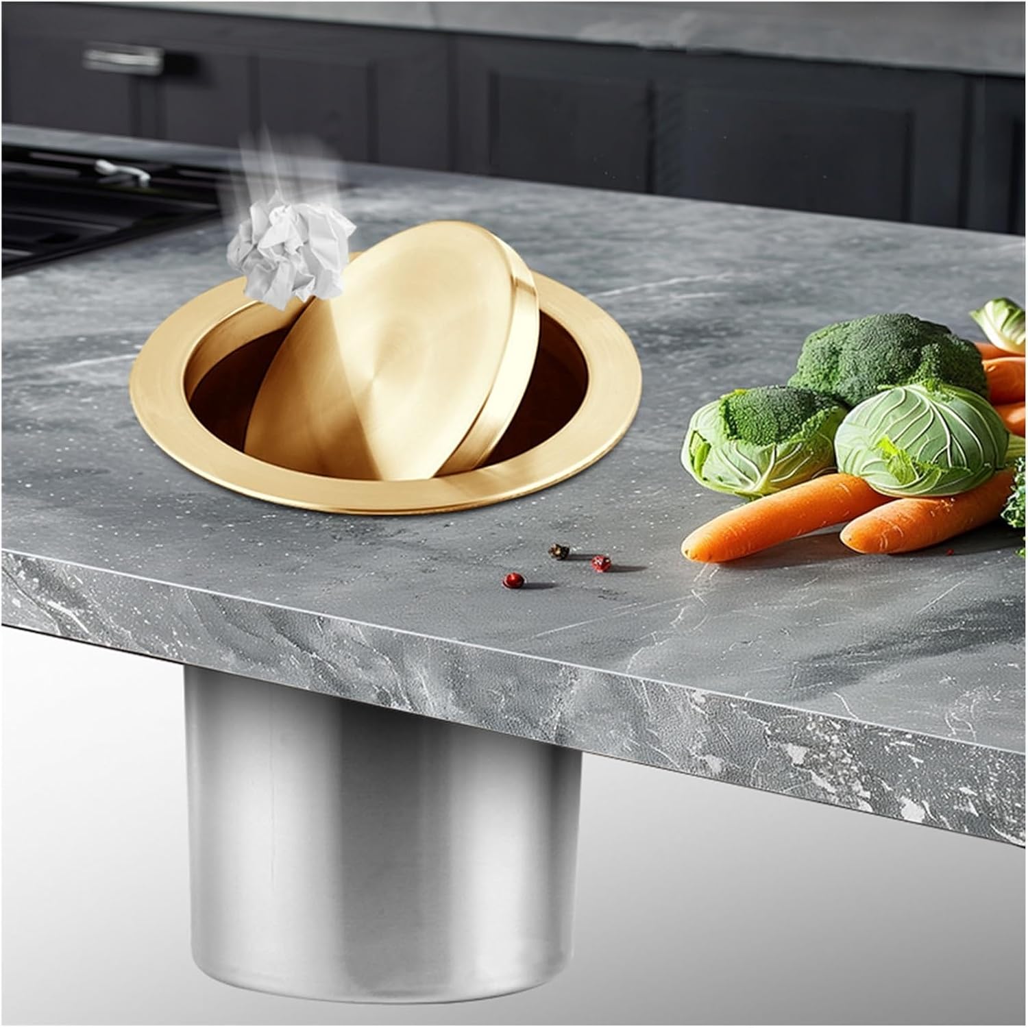 Round Balance Flap Cover Trash Bin Swin, Countertop Embedded Waste Lid, 304 Stainless Steel Kitchen Garbage Can Grommet Recessed Trash Can Covers(Black,18-20cm/7-7.9in Opening)