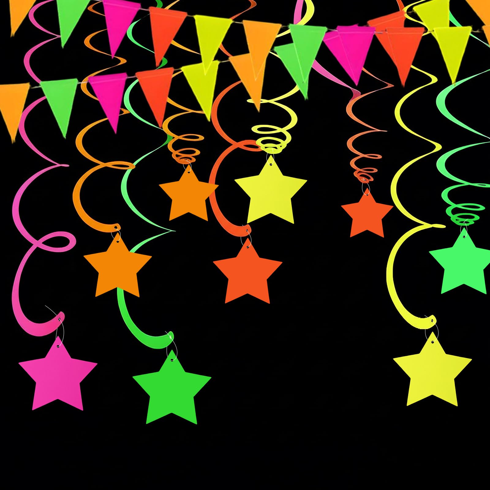 11 Pcs Neon Garlands for New Year's Eve, UV Glow Party Garlands, Black Light Party Decorations, Neon Decorative Bunting and Hanging Spiral Star Garlands for Birthdays, Weddings and Glow Parties