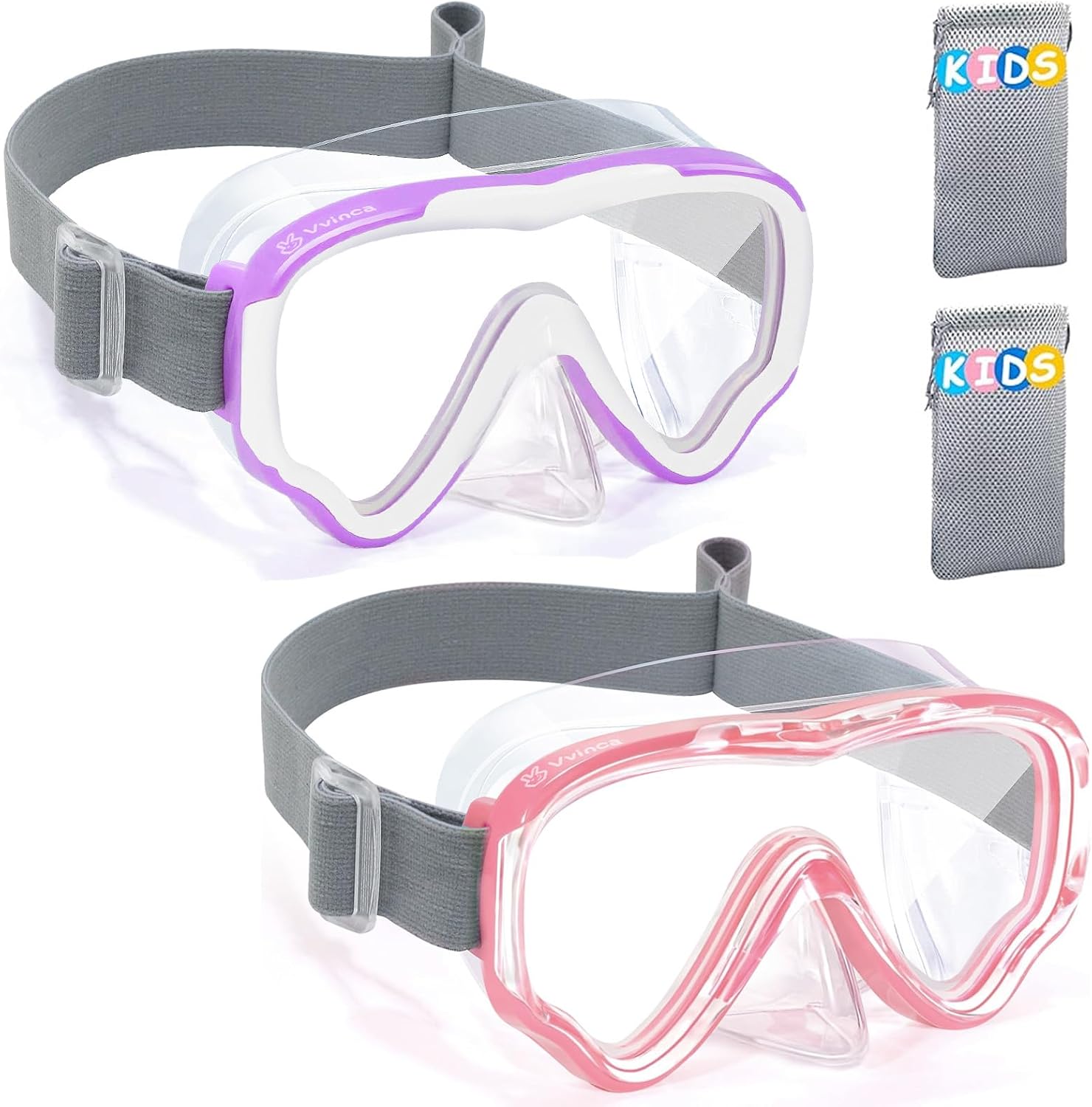Vvinca 2Pcs Kids-Goggles with Nose Cover, Diving Mask Elastic Fabric Strap Anti Fog Anti Shattered Lens for Kids Swim Goggles 3-14