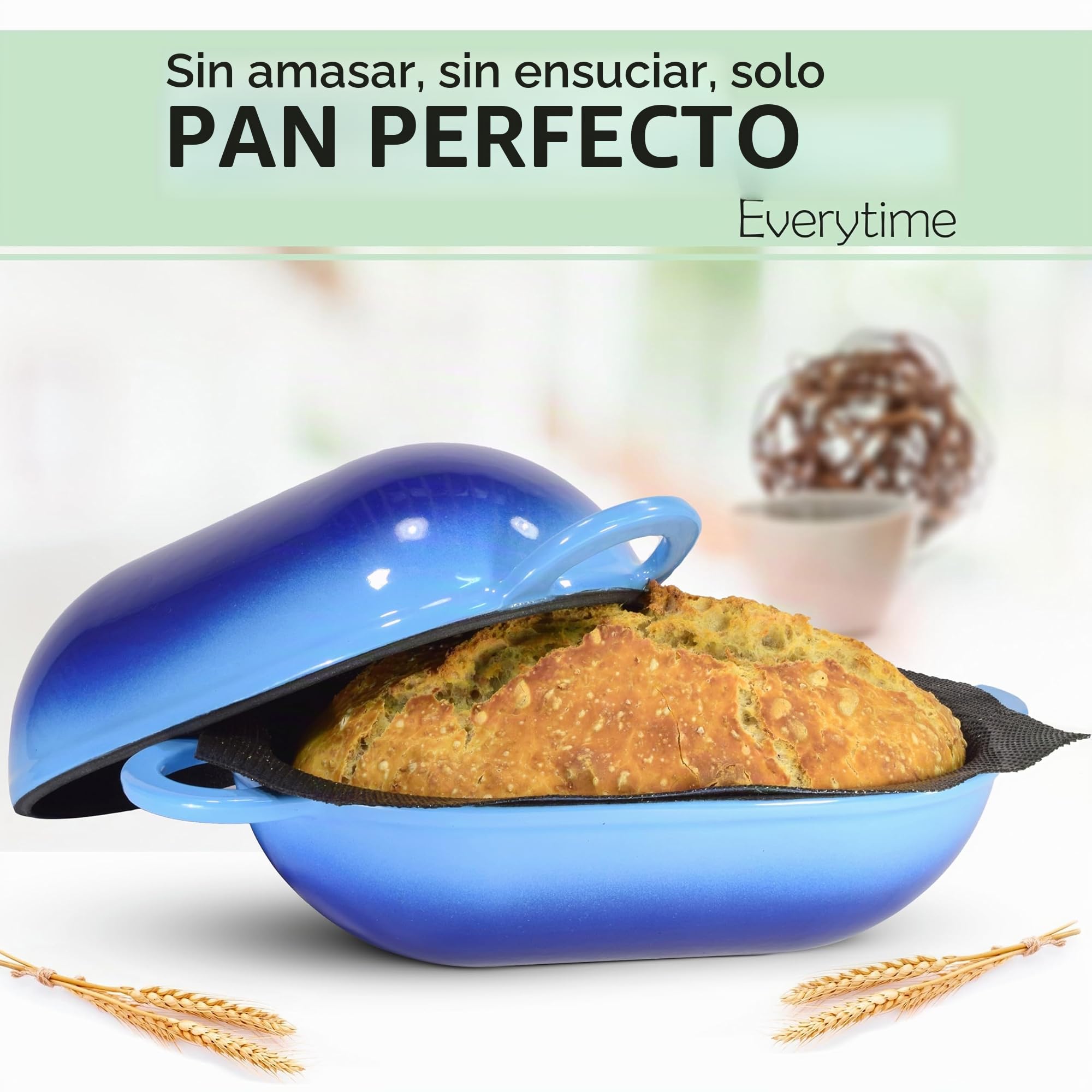 LoafNest World's Easiest Artisan Bread Kit. Cast iron casserole [Blue Gradient] and Non-Stick Perforated Silicone Liner