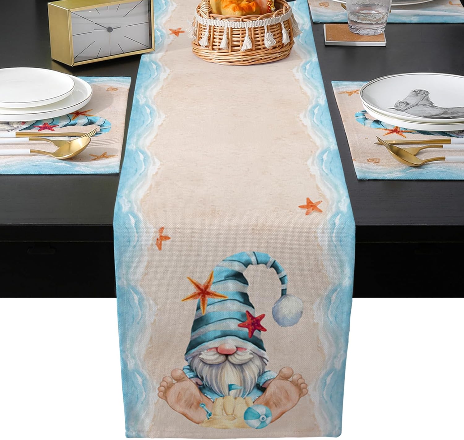 Beach Gnomes Placemat with Matching Table Runner Cotton Linen Burlap Polyester Table Mat Top Set Coffee Mat, (4PCS Place Mats + 1 13"x70" Runner) Blue Ocean Sea Starfish Sand Watercolor