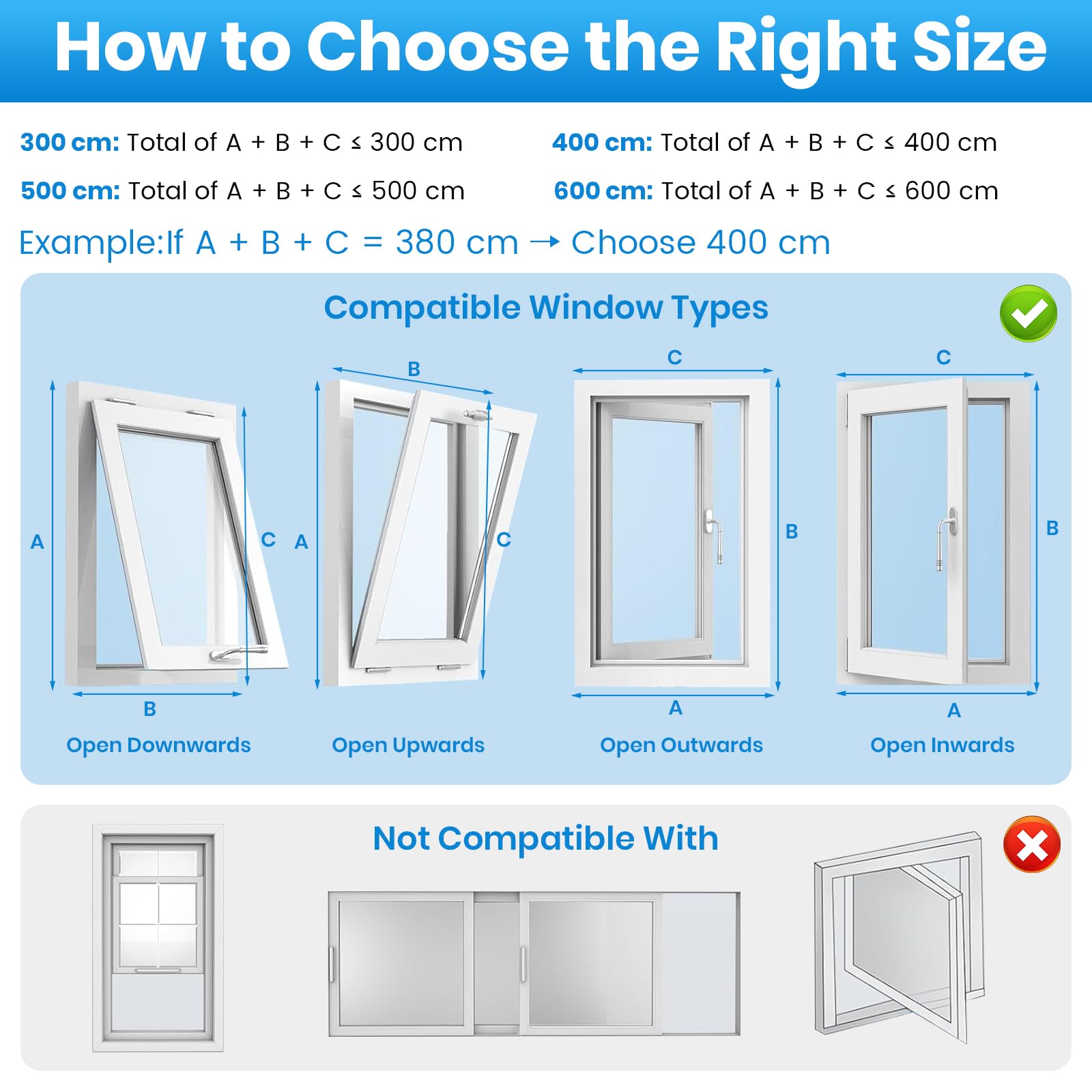 Kit Ventana Aire Acondicionado Portátil 300 cm, Sellador De Ventana para Aire Acondicionado, para Ventana Abatible, Oscilobatiente y Tragaluz, para 1 o 2 Tubos, Impermeable, Sin Taladrar