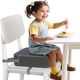 OPZAVYA Toddler Booster Seat for Kitchen Chair & Dining Table - PU Leather Cushion, Secure Buckle Straps, Portable Easy Clean (Dark Grey)