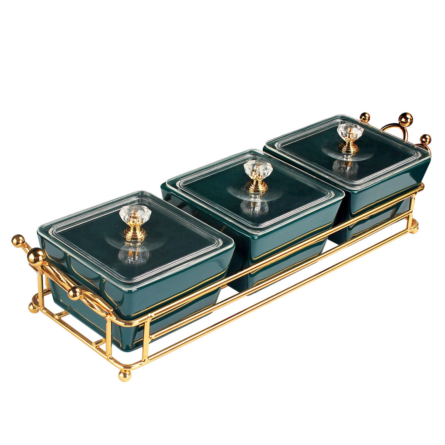 jinsongdafa Ceramic Bowls and with Lid Gold Basket Trays, 3 Removable Small Bowls Condiment Trays Nut Serving Set for Snacks, Fruits, Candy and Condiments - Great for Parties, Holiday Gifts