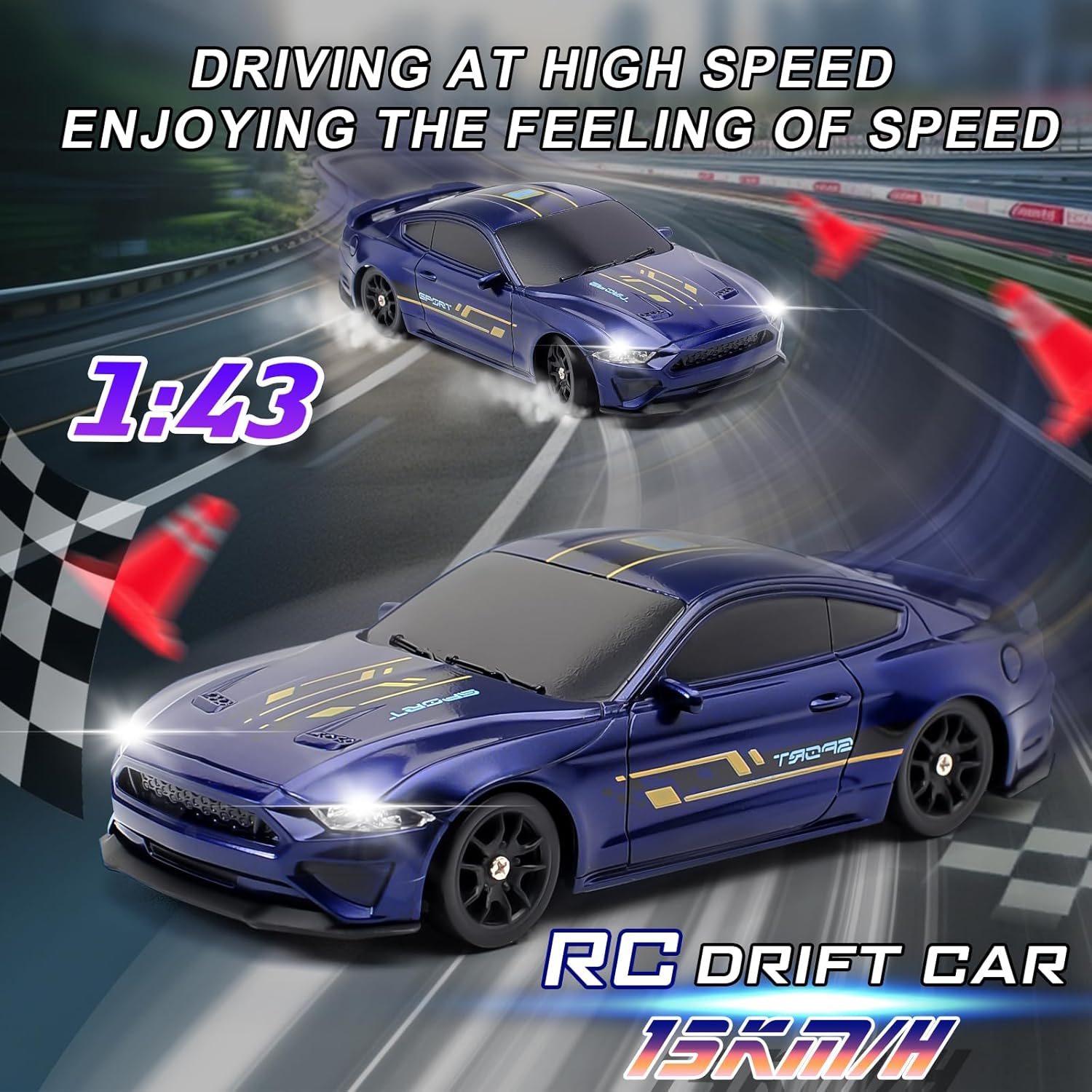 1:43 Scale Mini Racing Drift Car Model，2.4GHz Remote Control Car, 4WD High Speed Race with Lights,Racing Tires,RC Toys Hobbyist Gift for Adults, Kids, Boys, Girls (Blue)
