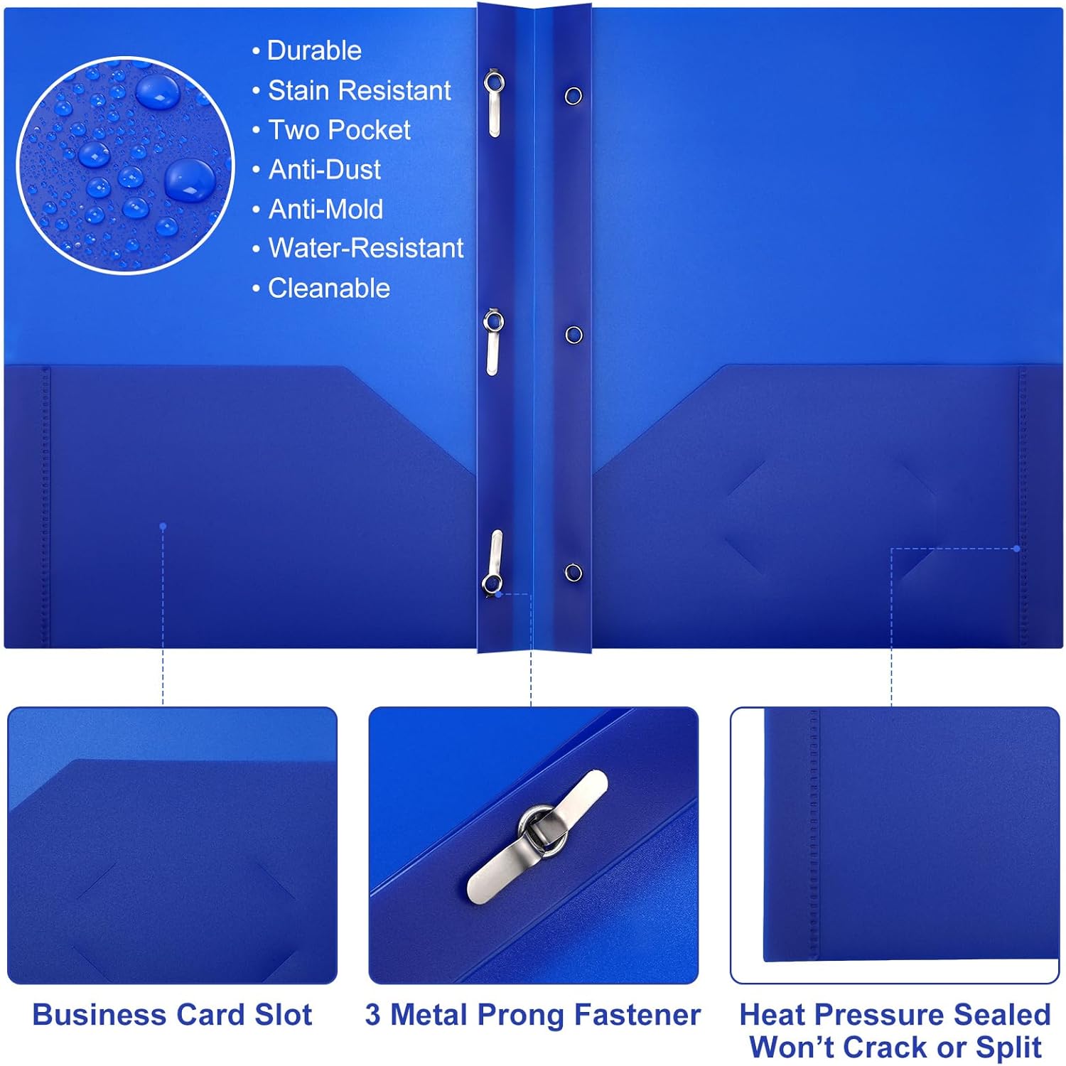 Cholemy 36 Pcs Plastic Pocket Folders with Prong 2 Heavy Duty Pockets Folder with 3 Prongs Letter Size Paper Folders Bulk File Plastic Folder with Fasteners for Office Workers (Blue)