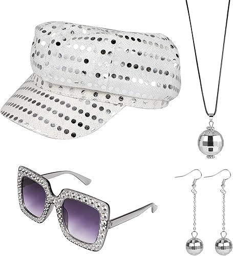 XEPST Juego de 4 accesorios de disfraz de discoteca de los años 70 con sombrero de lentejuelas, aretes de plata, lentes de sol, collar, kit de
