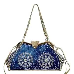 トートバッグ KARA Light-Blue Rhinestones Handbag iPinee Bling Rhinestone Handbags for Women Woven Clutch