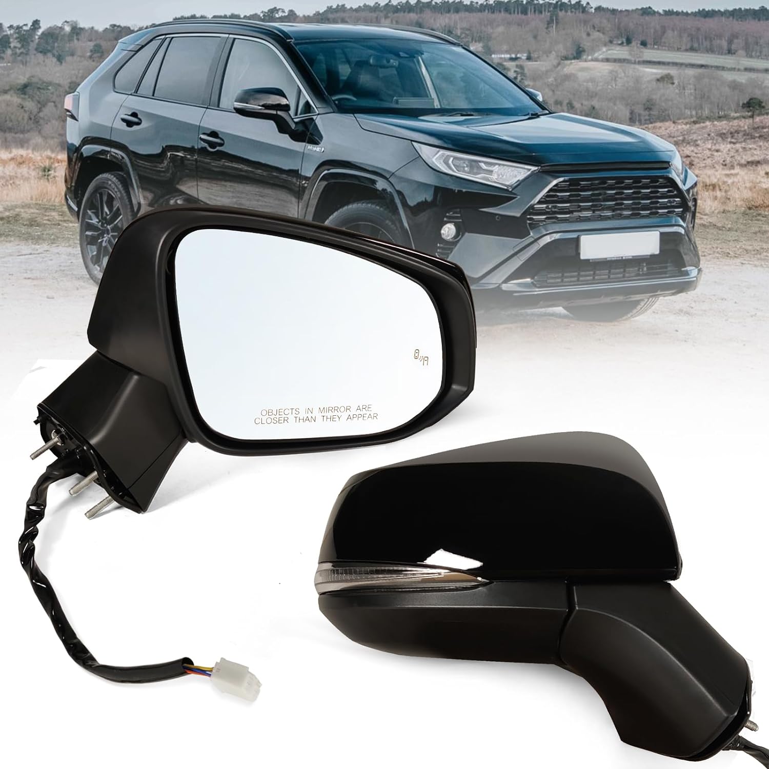 Right Passenger Side Mirror Fits 2019-2025 Toyota Rav4 with Power Heated Turn Signal and Blind Spot Match Midnight Black Metallic Replace 879100R271(8 Pins) R-8pins Black