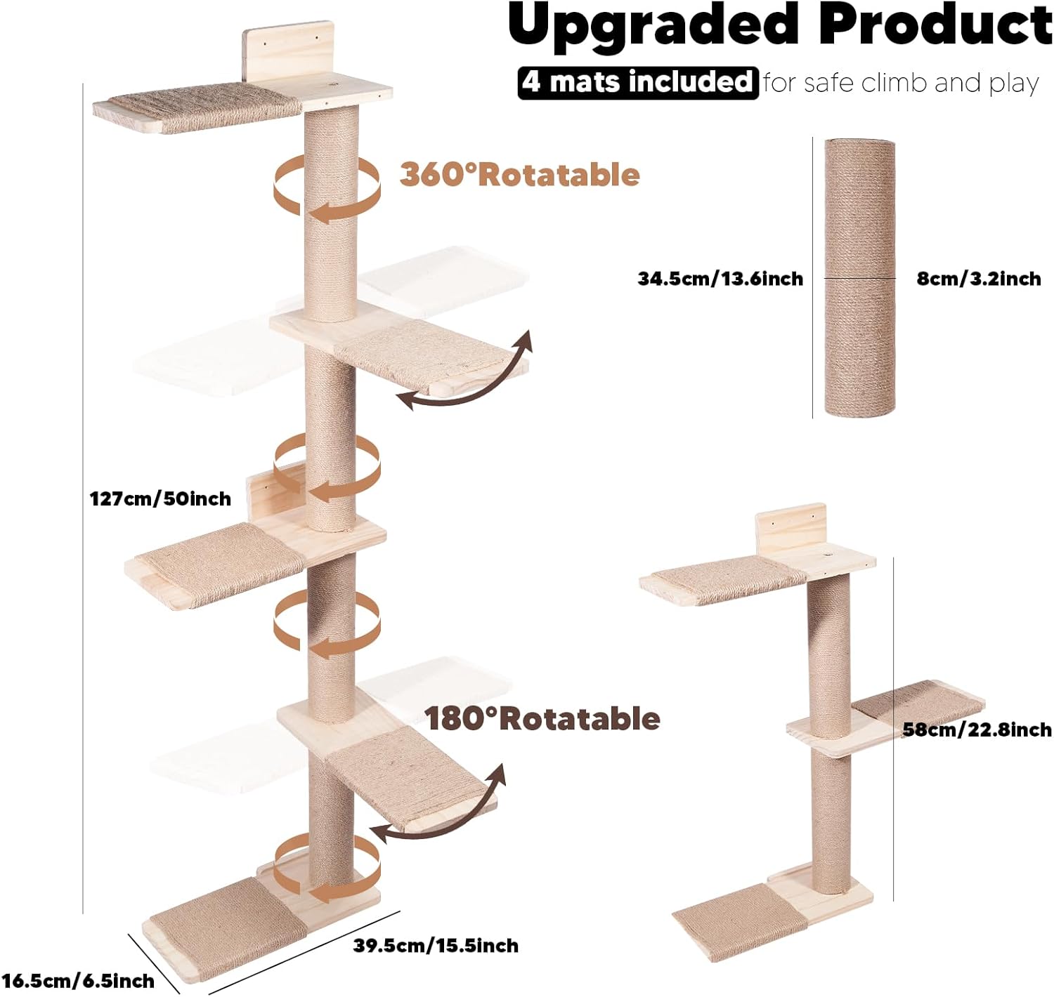 Tall Cat Tree 50inch, 4 Tier Wood Cat Tree Tower with Natural Jute Rope, Cat Wall Shelves Wall-Mounted Scratching Post Adjustable Cat Tower for Indoor Cats (4-Tier Cat Tree, Natural Jute Color)