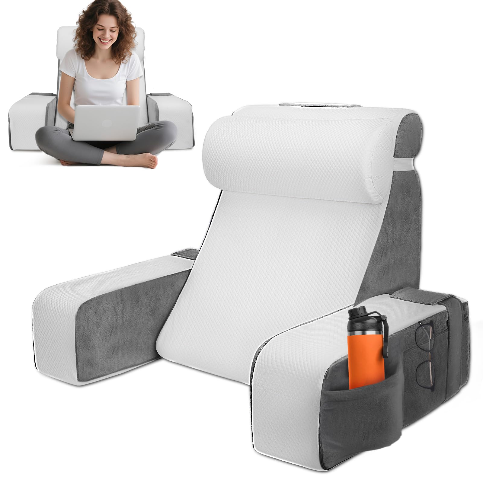 Lesekissen für Bett und Sofa, Rückenkissen aus Memory Foam mit Nackenkissen und Abnehmbaren Armlehnen, Erwachsenen Rückenkissen zum Lesen Fernsehen Videospiele