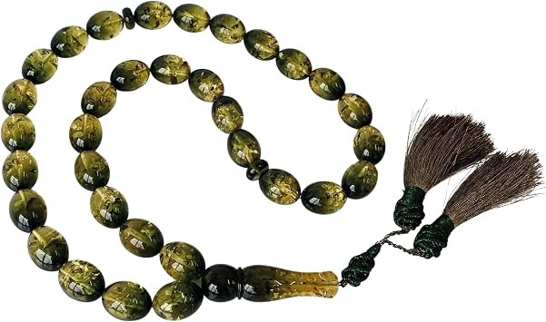 AMBERSTONE Natural Amber Tasbih, 33 Beads Olive Shape Subha Amber Rosary