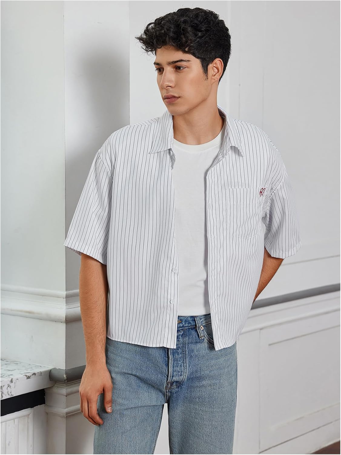 SweatyRocks Men's Striped Button Down Shirt Short Sleeve Collared Loose Fit Crop Shirt with Pocket - Image 4