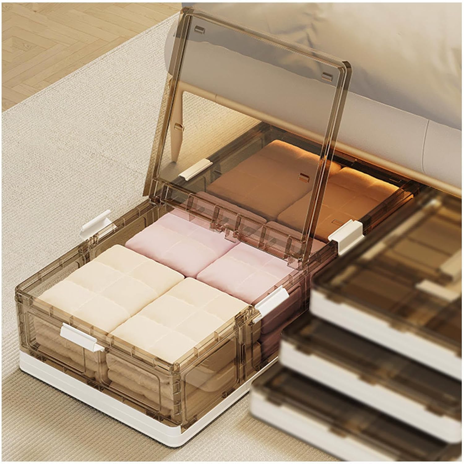 Underbed Shoe Storage with Wheels Plastic Foldable, Shoe Storage Under Bed 66L Storage Under Bed for Clothes,Shoes,Toys,transparent-1pack