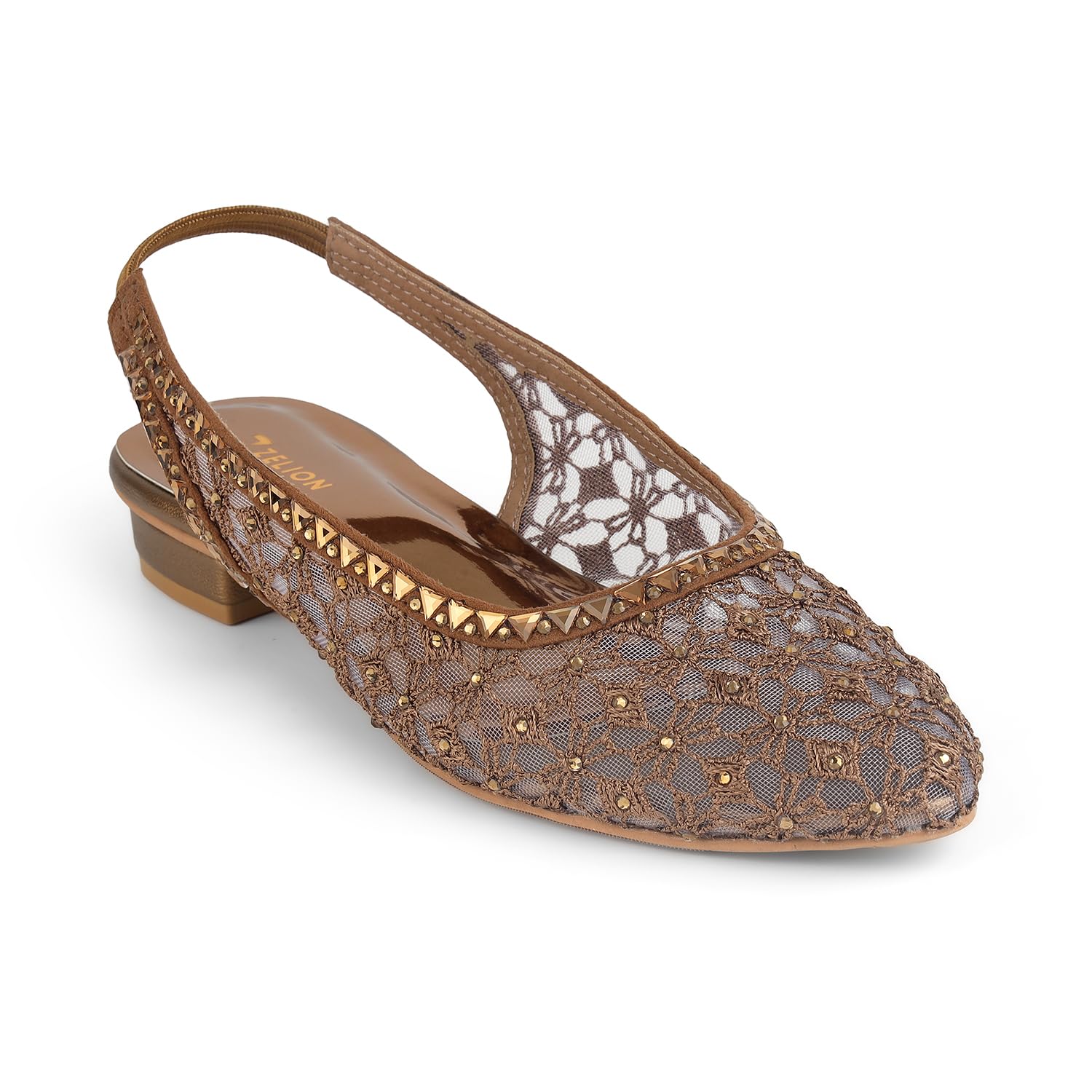Women's Floral Lace Slingback Flats with Stud Embellishments, Black and Brown-image-31