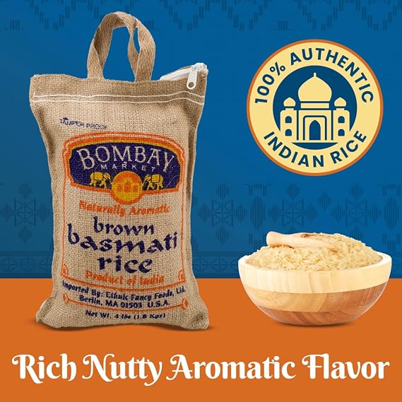Bombay Market Brown Basmati Rice - Aromatic & Nutty Flavor Basmati Rice - Long Grain Rice Basmati (4 Pound Bag)