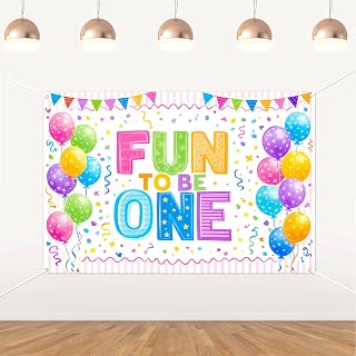 5x3ft Fun to Be One Birthday Backdrop Pink Striped Balloon 1st Birthday Party Decorations for Girl Boy First Birthday Photography Background Banner Cake Smash Photo Booth Props