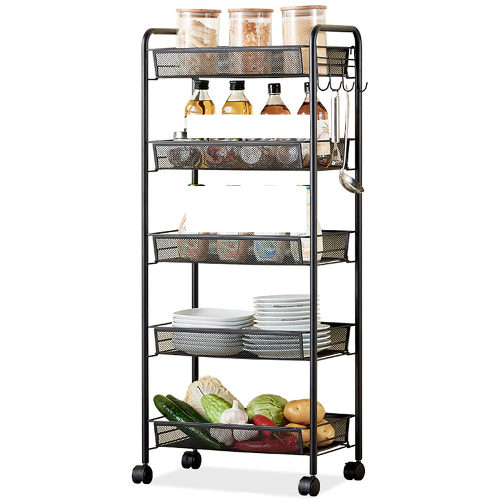 Eiwitany Mobile Racks, Net Baskets, Multi-layer Floor Trolleys Can Store Snacks, Cosmetics, Fruits and Vegetables, Books, Kitchen Utensils, Etc. (black five layers)