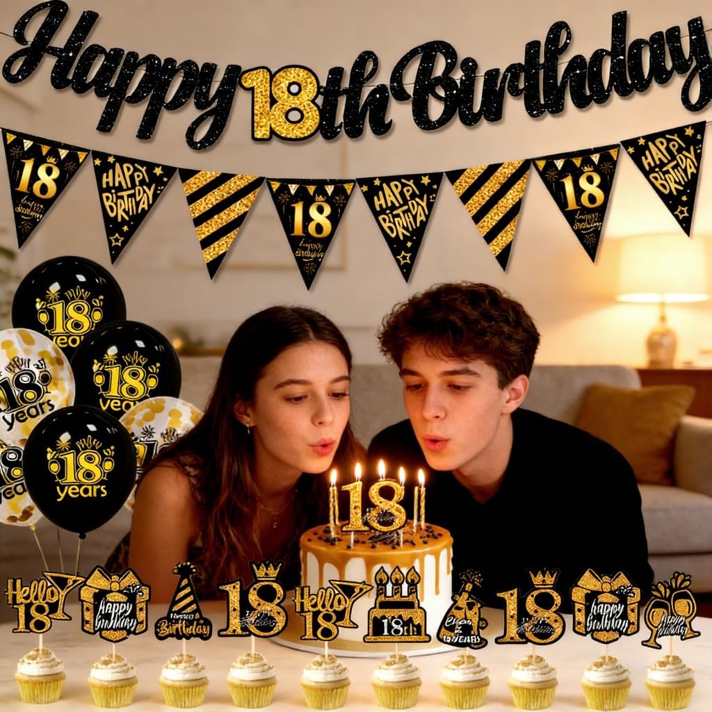 18th Birthday Party Decorations Kit, Black and Gold Balloons Happy 18th Birthday Banner Cake Toppers, Cupcake Topper for Men Women 18 Years Old Birthday Party Decoration Supplies image 3