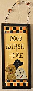 Rustic Country Wood Plaque Sign Decoration with a Metal Wire for Hanging 5 1/2 x 12 x 3/4 Inches. Wooden Sign Saying "Dogs Gather Here" with Decoration Dogs and Black Border