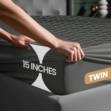 Premium Waterproof Mattress Protector Twin Size, Gray, 15 Deep Pocket