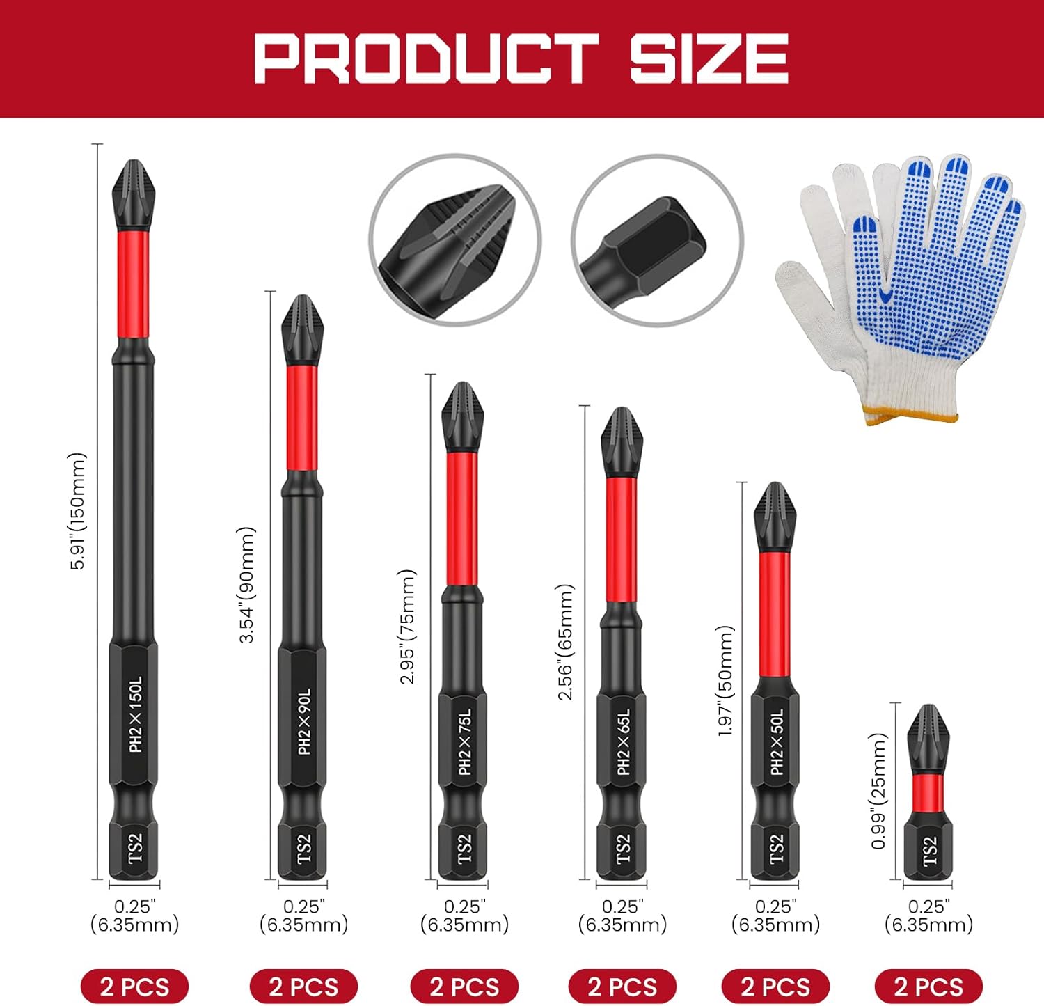 Impact Screwdriver Bit Set, FPH2 Electrician Bits with Insulated Glove, S2 Alloy Steel Rust Resistant, Fit 1/4" Hex Tools,(2.5/5/6.5/7/9/15cm) x 2 pcs