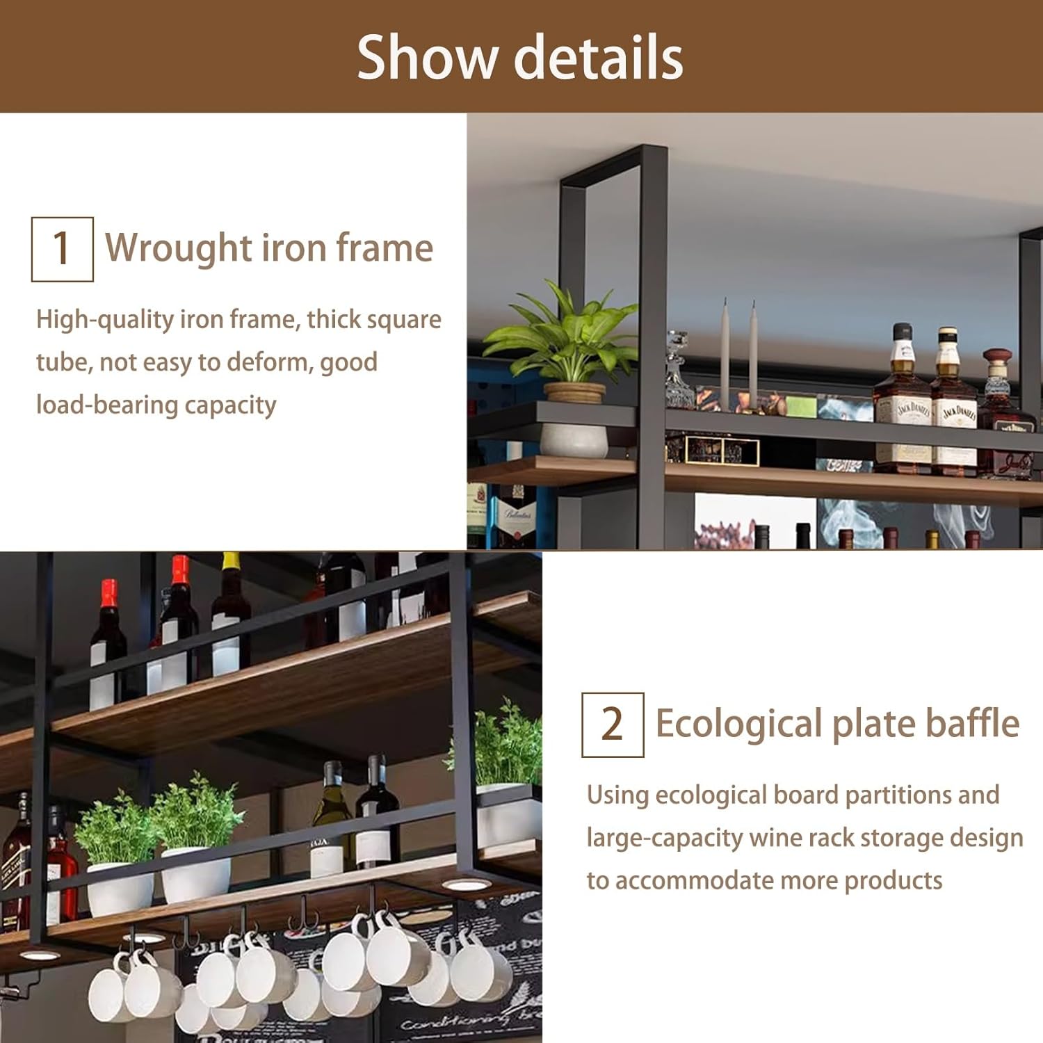 Ceiling Wine Bottle Holder - Rustic Black Iron & Solid Wood Wine Rack - Hanging Shelves for Kitchen, Bar, or Restaurant with Guardrail - Stylish Storage Solution for Wine Enthusias