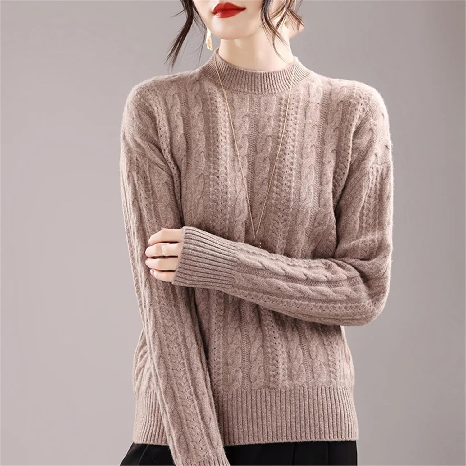 Women's Cashmere Sweater Long Sleeve Fall Winter Wool O-Neck Pullover Loose Knit Top