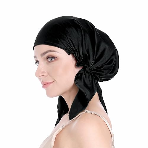 SissiLita Gorro de seda 100% para dormir con banda de corbata, gorro de dormir grande para cabello rizado, envoltura para el cuidado del cabello,