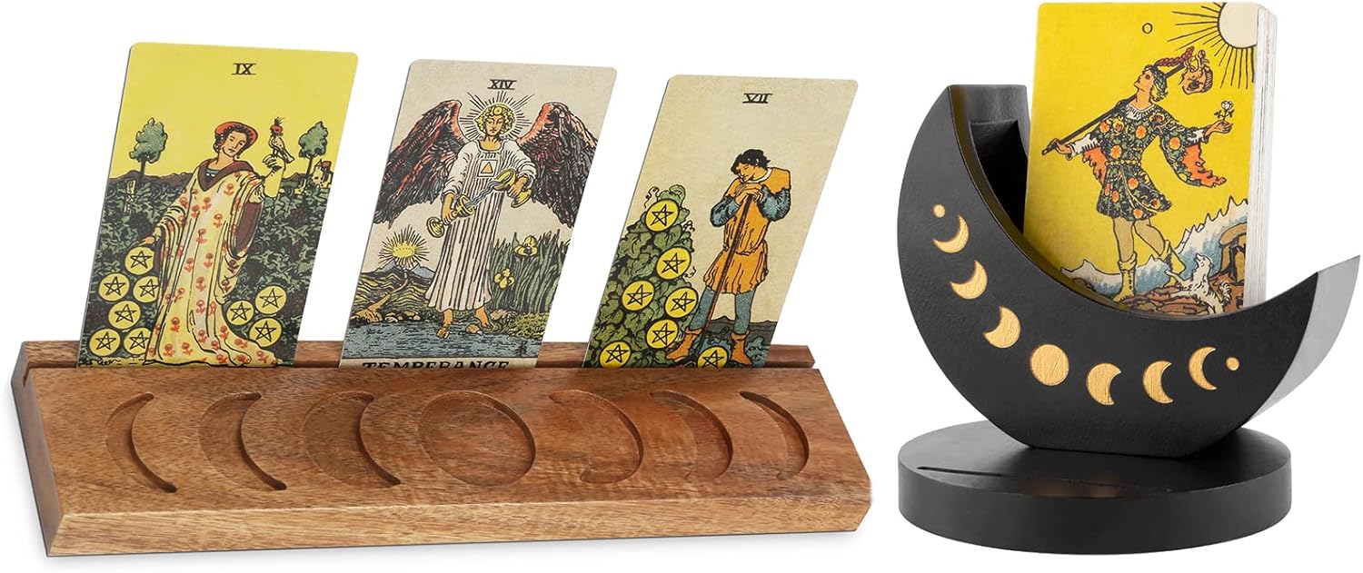 Tarot Deck Display Box with Single Card Holder, Wood Moon Phase Stand Case for Crystal Daily Oracle Card, Witchcraft Altar Supply Meditation Accessories Wiccan Decor Witchy Gift