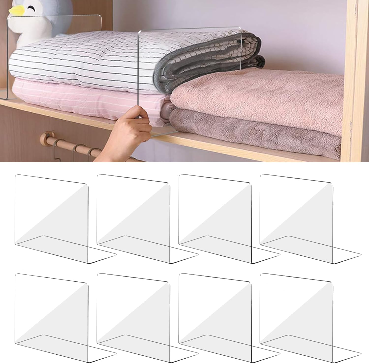 OKPOW Acrylic Shelf Dividers for Closet Organization: 8 Pack Tall Durable Clear Shelves Separators for Clothing Adjustable
