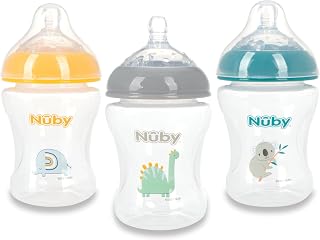 Nuby Infant Feeding Bottles - 8 oz - 3 Pack | Slow Flow Breast Size Silicone Nipple Set - 0+ Months - Delicate Koala, Elephant, Dinosaur Prints
