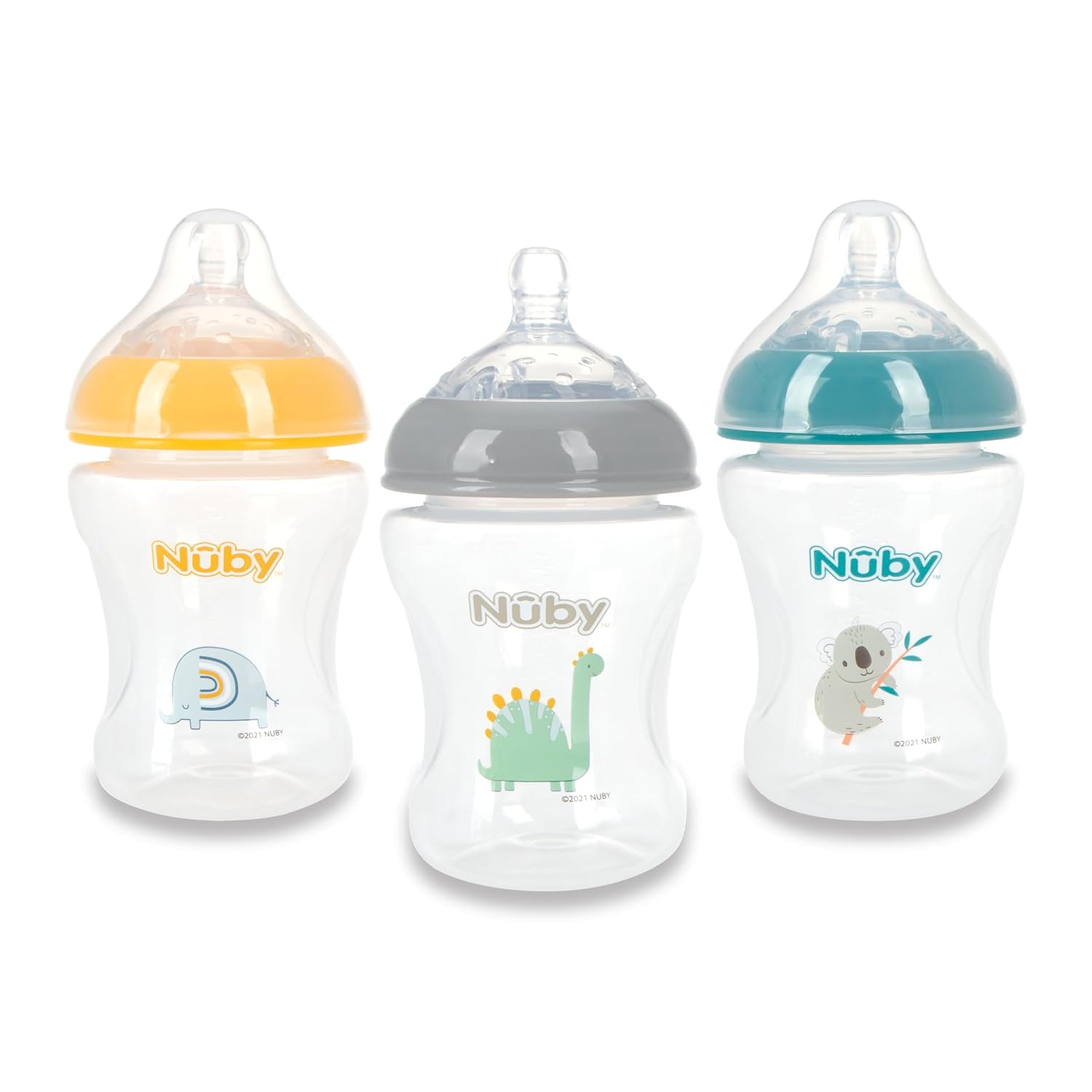 Nuby Infant Feeding Bottles with Slow Flow Breast Size Silicone Nipple - (3-Pack) 8 oz - 0+ Months - Delicate Llama, Snail, and Unicorn Prints