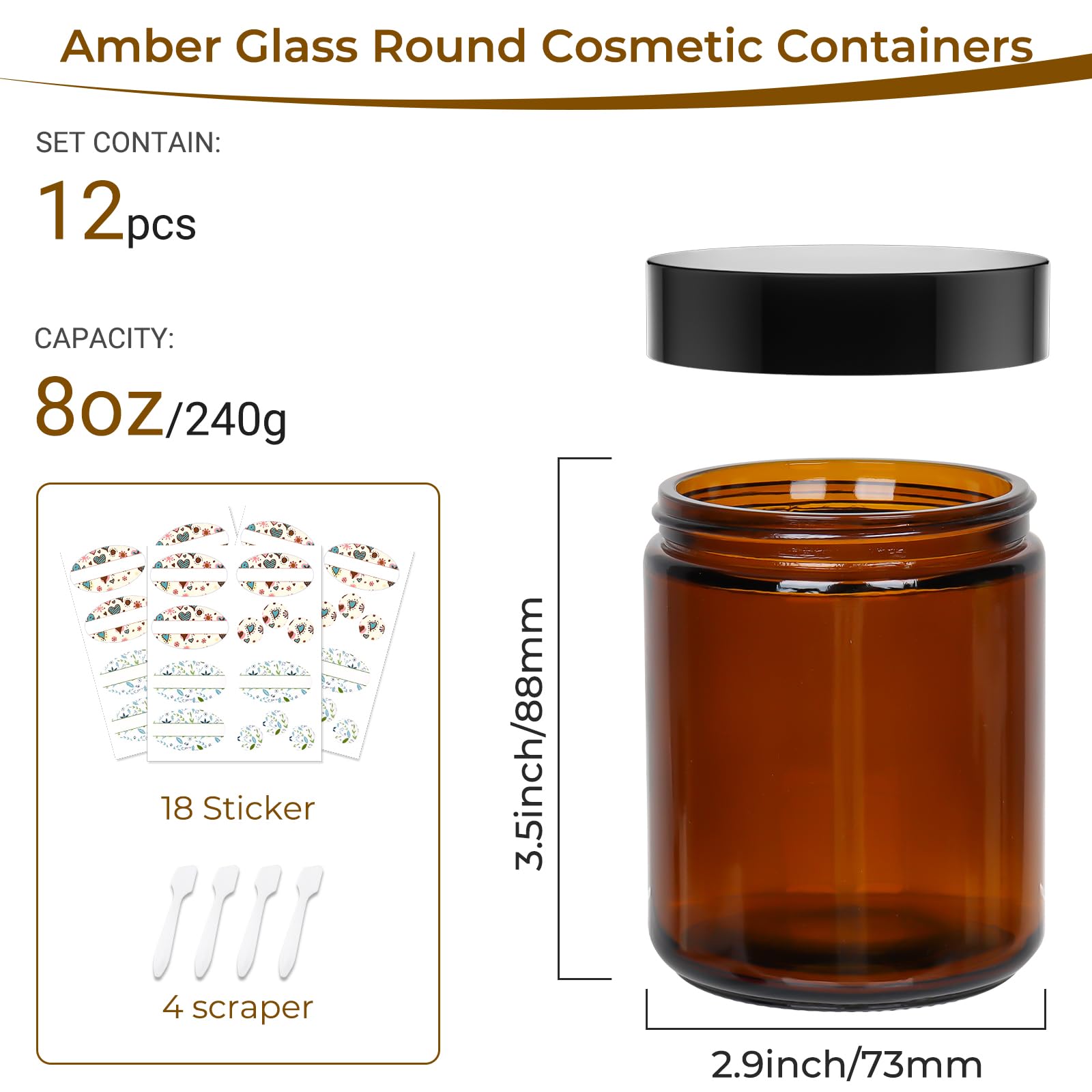 CulnCraz 12 Pack 240 ml Amber Round Glass Jars, 8 oz Empty Cosmetic Containers with Inner Liners - Image 2