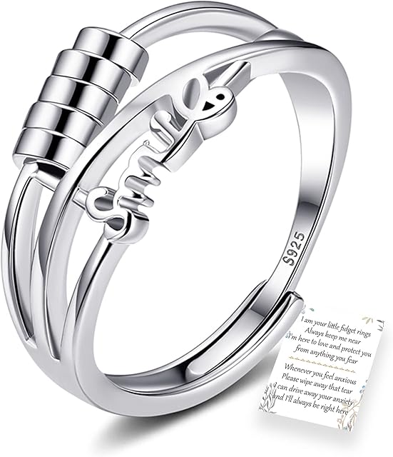 GUROTD Anxiety Rings for Women Girls 925 Sterling Silver Fidget Ring for Anxiety Adjustable Open Cubic Zirconia Spinner Bead Ring Stress Relief Gift