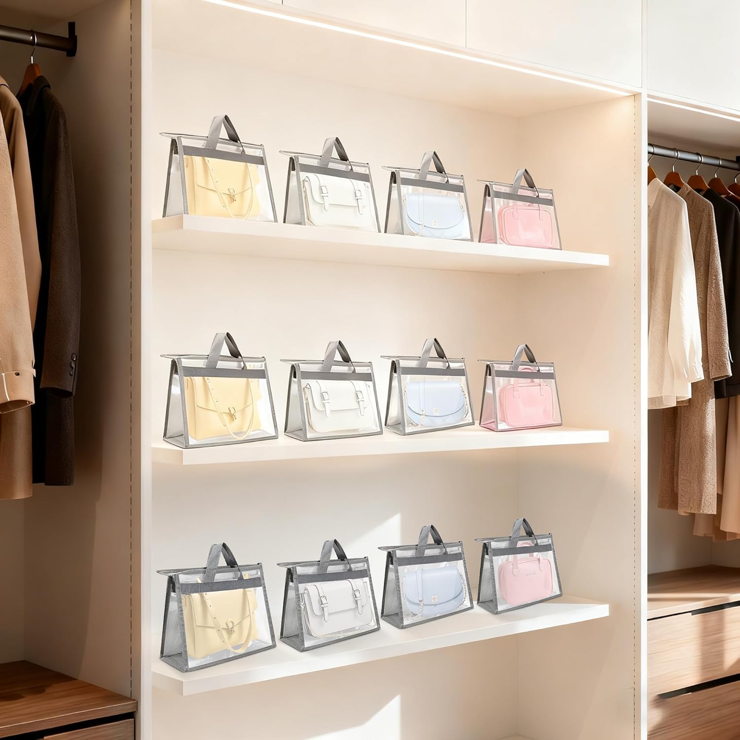 12 Packs Clear Handbag Storage Organizer, 4 Sizes Grey Dust Bags for Closet, Purse Organizer with Zipper Handle and 12 Pcs Hooks