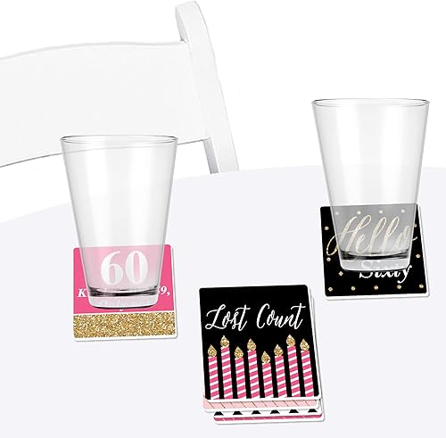 Miniatura 3 de Big Dot of Happiness Chic 60 cumpleaños  rosa, negro y dorado  Divertidas decoraciones de fiesta de cumpleaños  Posavasos  Juego de 6