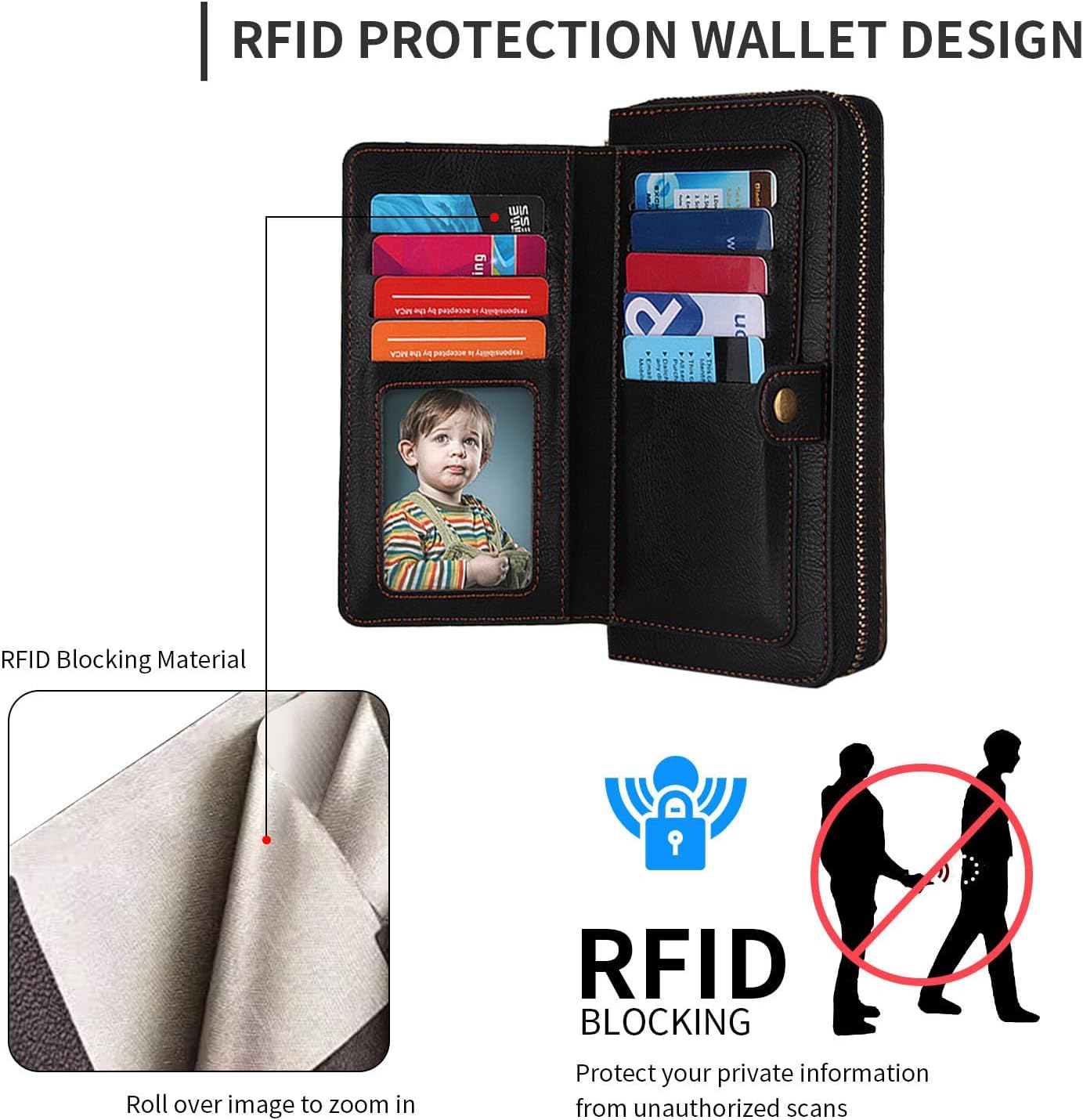 LITOU Compatible for iPhone 15 Pro Max Phone Case Wallet for Women Men，Wristlets Zipper Leather Wallet Flip Case，RFID Blocking Card Holder,Detachable Magnetic Cover Case.Black