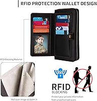Vista 3 de Funda compatible con iPhone 15 Plus para mujeres y hombres, funda de piel con cierre de pulseras, tarjetero con bloqueo RFID, funda magnética Negro