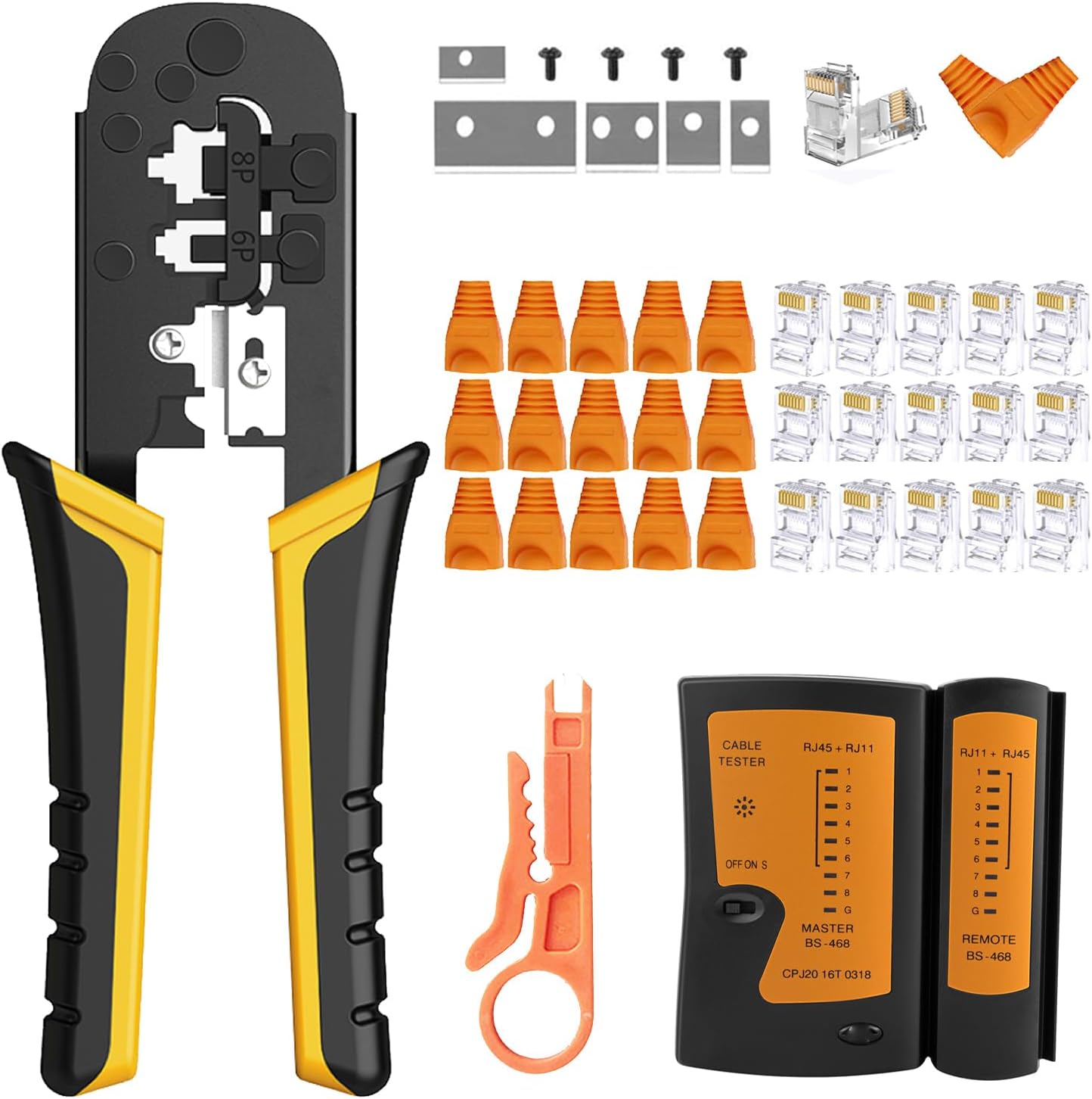 TAIWAIN Crimp Kit Network Tool Set for RJ45 Crimper Pass Through Cat5/Cat5e/Cat6 Crimping Cutter LAN Cable Tester, RJ11/RJ12 Punch Down Tools Wire Stripper Ethernet (BLUE)