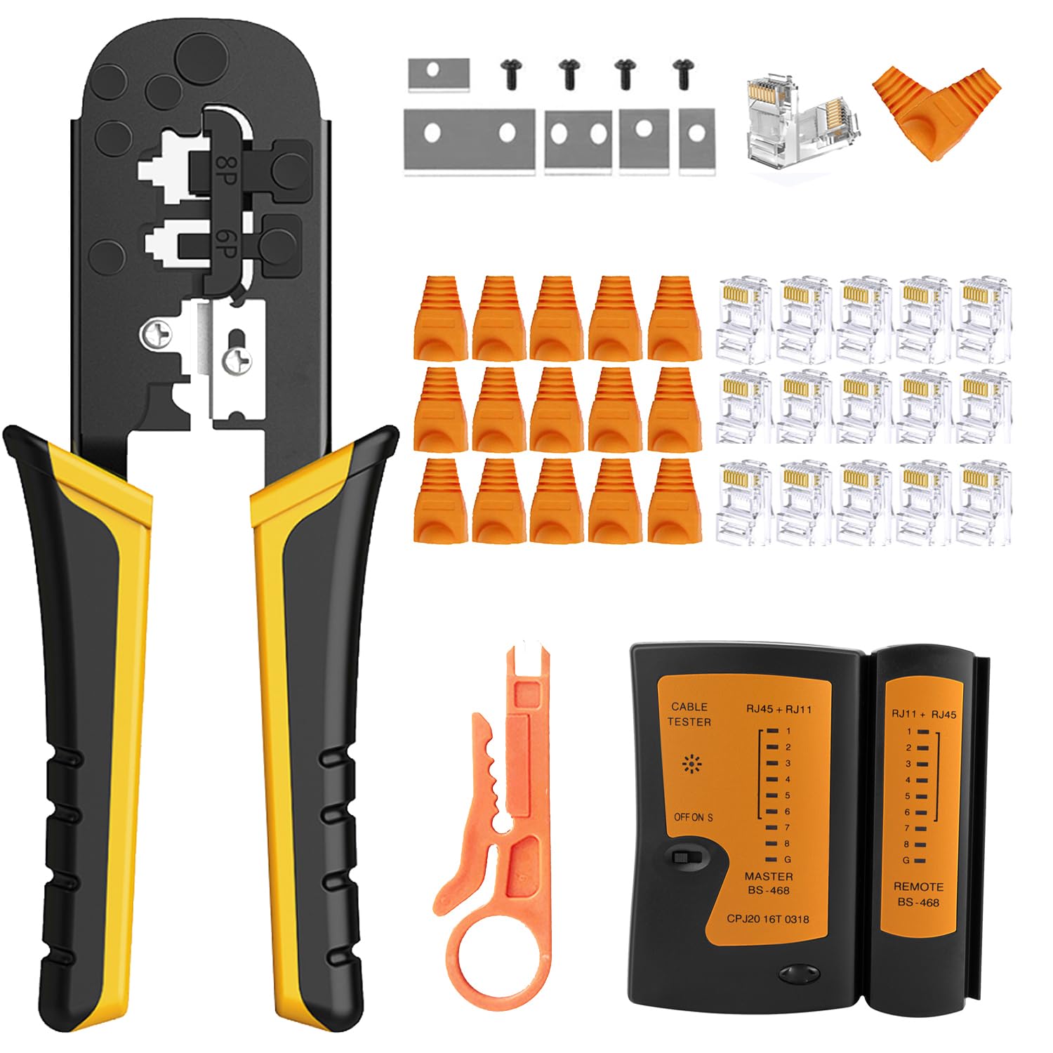 Kit de sertissage réseau RJ45 TAIWAIN avec testeur de câble LAN et pince à dénuder orange