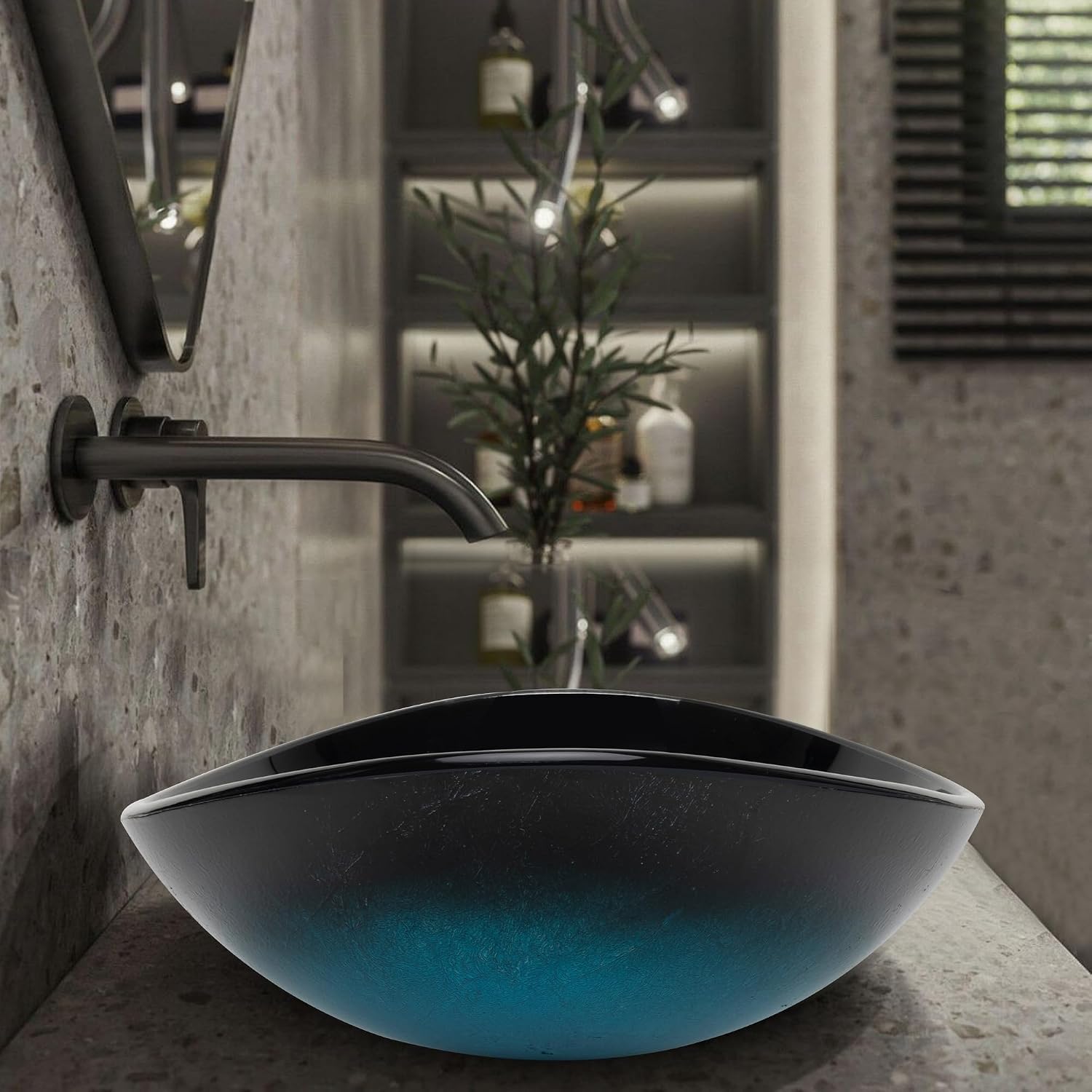 YIMAI Blue Oval Vessel Sink, 18.5" x 11.8" Glass Artistic Bathroom Countertop Basin with Gradient Pattern, Tempered Glass Above Counter Sink Bowl, Modern Finish