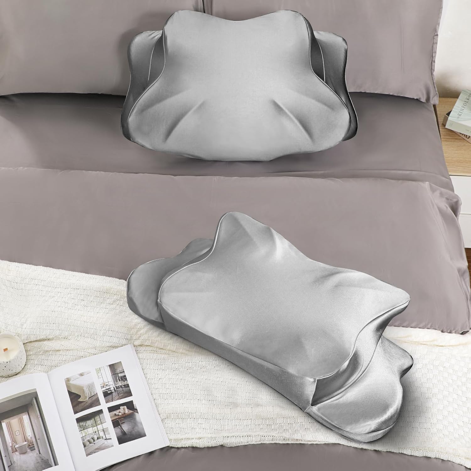 Satin Pillowcase for Cervical Pillow, Zelimun Replacement Cover for Ergonomic Neck Support Pillow, Thickened Soft Fabric, Hidden Zipper, Machine Washable, Gray Pillowcase Only