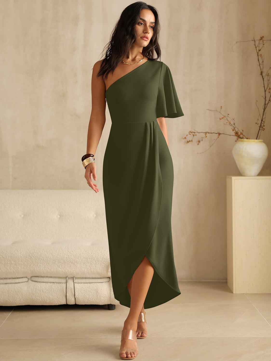 ANRABESS Womens One Shoulder Formal Midi Dresses 2026 Summer Wrap High Slit Beach Wedding Guest Party Cocktail Maxi Dress